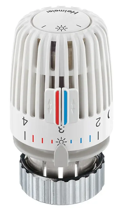 Thermostat-Kopf in Weiß mit einer Skala von 1 bis 5, Kältesymbol und Heizsymbol, für die Verwendung mit Vaillant-Ventilen, hergestellt von IMI Hydronic Engineering.